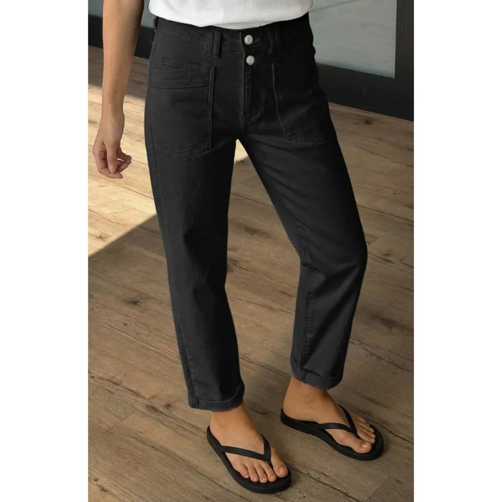 Flamingals Black High Rise Straight Leg Crop Patch Pocket Cotton Pants L